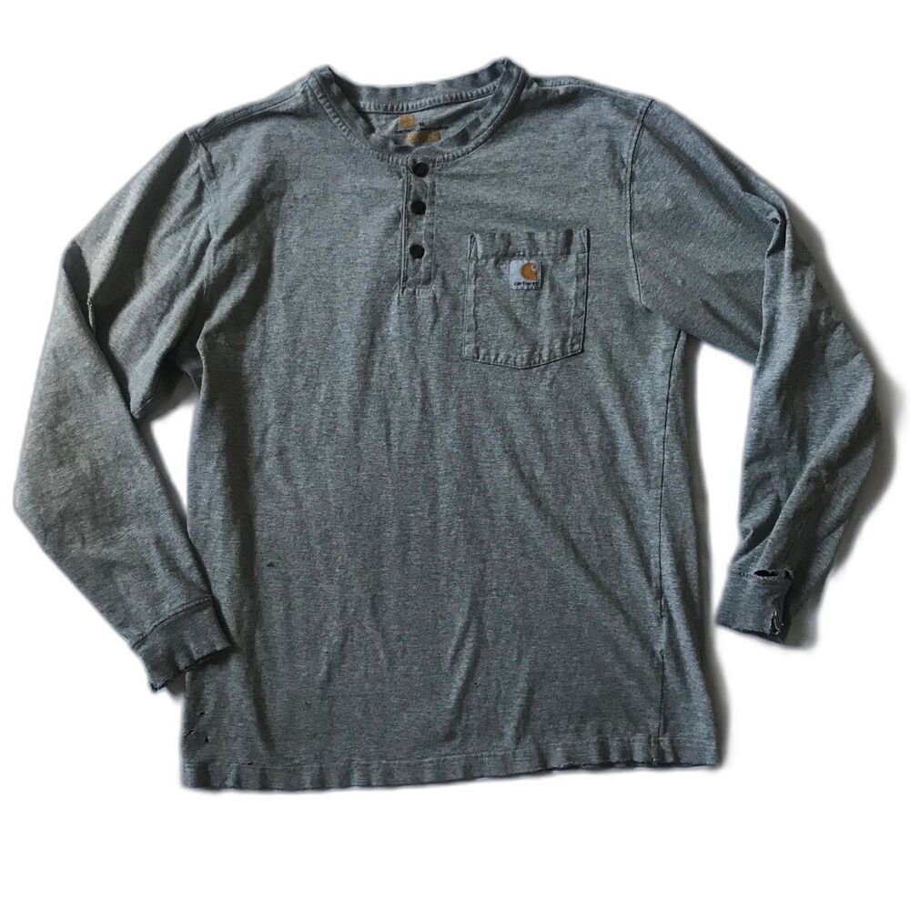 Carhartt Henley Distressed Original Fit Mens M Gray Cotton Shirt L/S *flaws